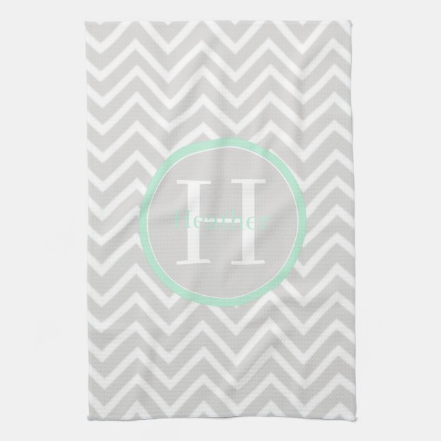 Serviette de cuisine Mint Green Chevron Monogram (Vertical)