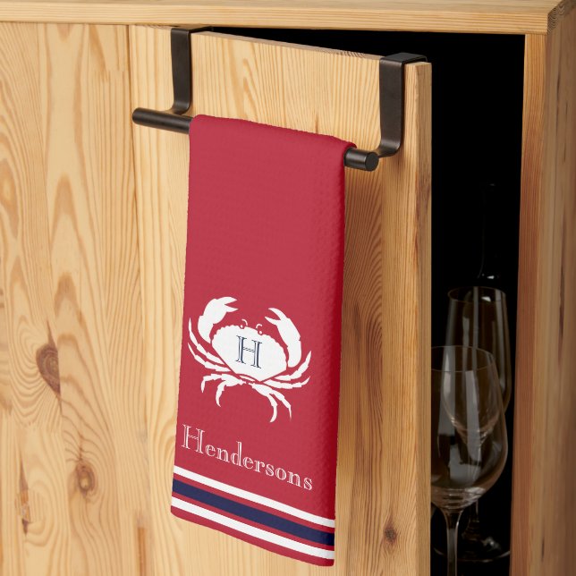 Serviette de cuisine monogramme de crabe blanc rou (Pliage en tiers)