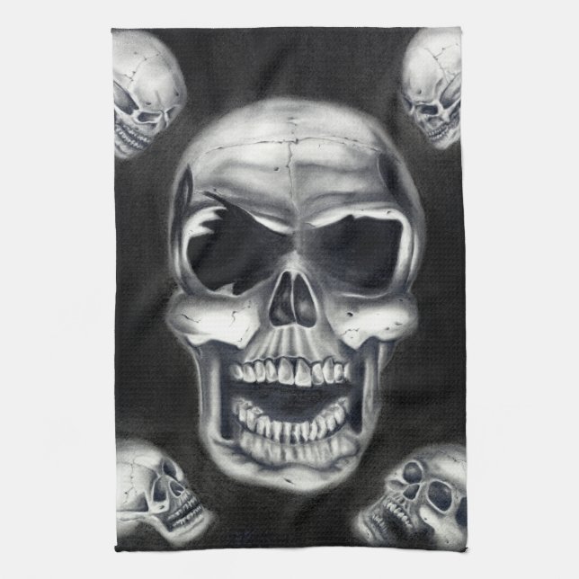 Serviette de cuisine noire de crânes humains (Vertical)