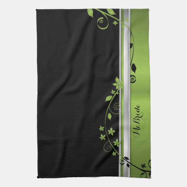 Serviette de cuisine noire et verte florale (Vertical)