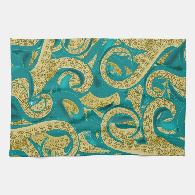 Serviette de cuisine Octopus turquoise or (Horizontal)