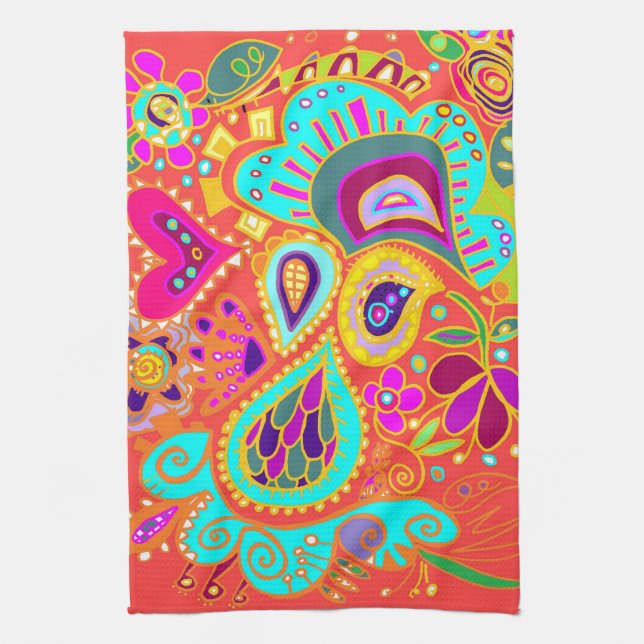 Serviette de cuisine orange folle de Paisley (Vertical)