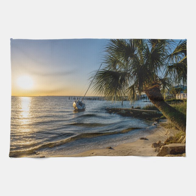 Serviette de cuisine Palmier penché au coucher du  (Horizontal)