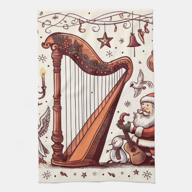 Serviette de cuisine Père Noël Harp de Noël (Vertical)