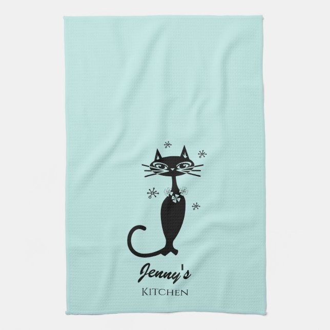 Serviette de cuisine personnalisée chat noir rétro (Vertical)