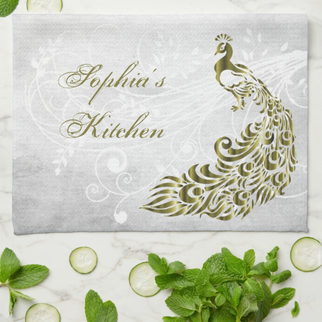 Serviette de cuisine personnalisée Peacock Or (Plié)