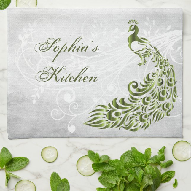 Serviette de cuisine personnalisée Peacock Vert (Plié)