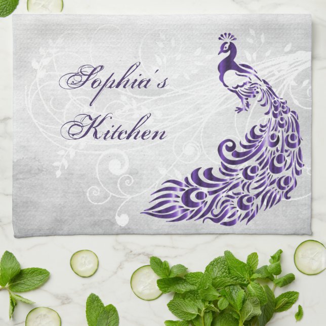 Serviette de cuisine personnalisée Peacock violet (Plié)