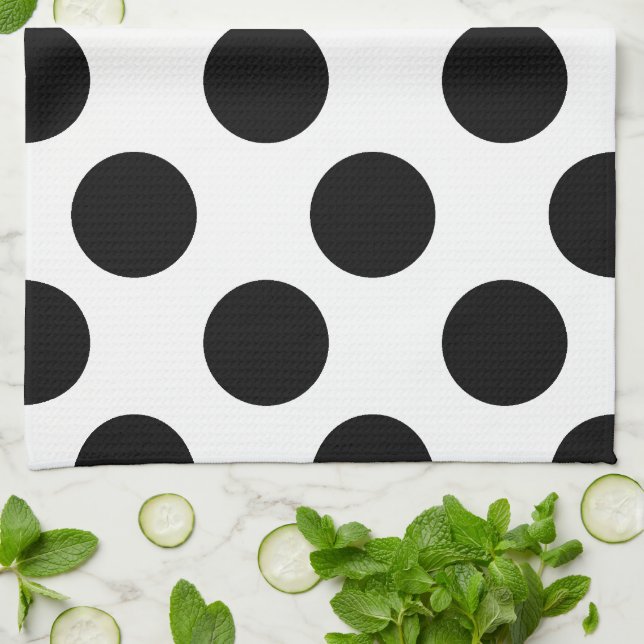 Serviette de cuisine Polka large en noir et blanc (Plié)