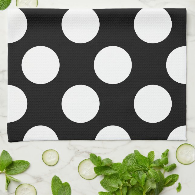Serviette de cuisine Polka large en noir et blanc (Plié)