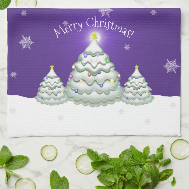 Serviette de cuisine pourpre Snowy Christmas Tree (Plié)