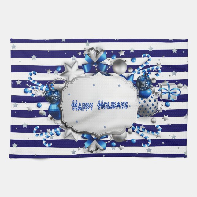 Serviette de cuisine rayée bleu Noël (Horizontal)