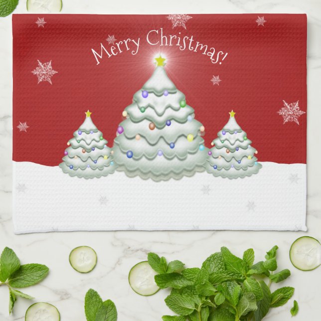 Serviette de cuisine Red Snowy Christmas Tree (Plié)