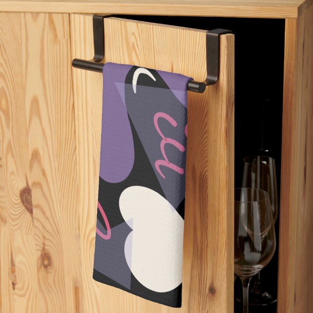 Serviette de cuisine rétro. Noir, blanc, violet, r (Pliage en tiers)