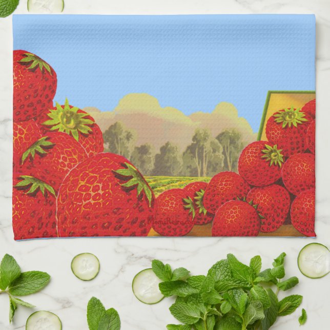 Serviette de cuisine Retro Strawberry Crate Art (Plié)
