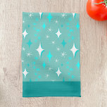 Serviette de cuisine rétro Turquoise et blanche ét<br><div class="desc">Serviette de cuisine avec un motif rétro étoilé en turquoise et blanc sur un arrière - plan turquoise clair et des bordures turquoises foncées.</div>