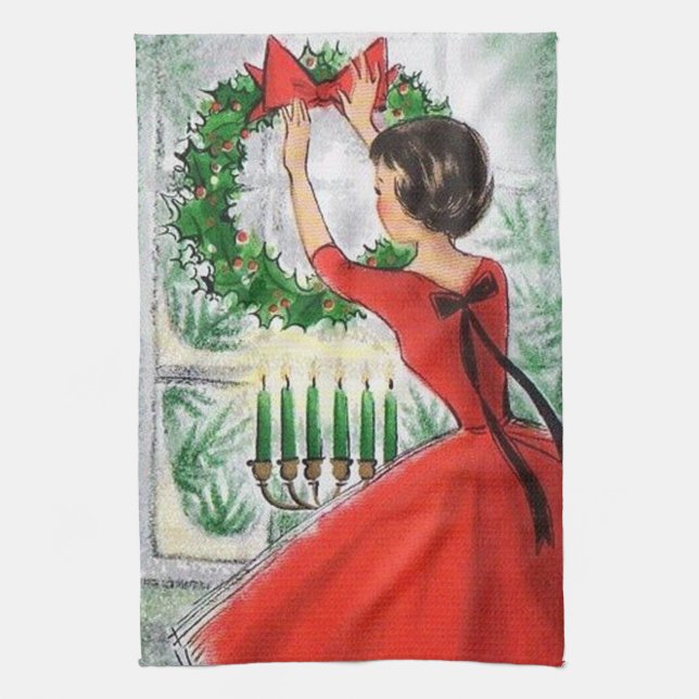 Serviette de cuisine Retro Vintage Christmas Lady (Vertical)