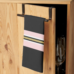 Serviette de cuisine rose blanc or noir Stripe