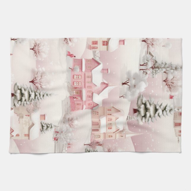 Serviette de cuisine rose de Noël. (Horizontal)