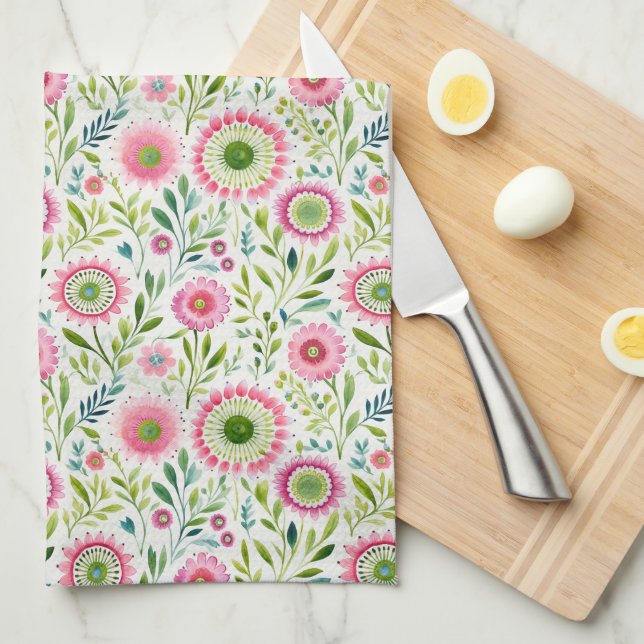 Serviette de cuisine rose et verte Floral (Quart Plié)