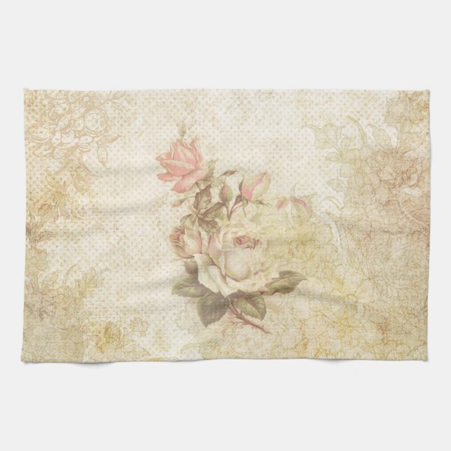 Serviette de cuisine Rose vintage rose et ivoire (Horizontal)