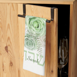 Serviette de cuisine Roses verts et salades blanch