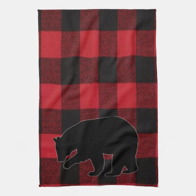 Serviette de cuisine Rouge Buffle Plaid Ours Noir (Vertical)