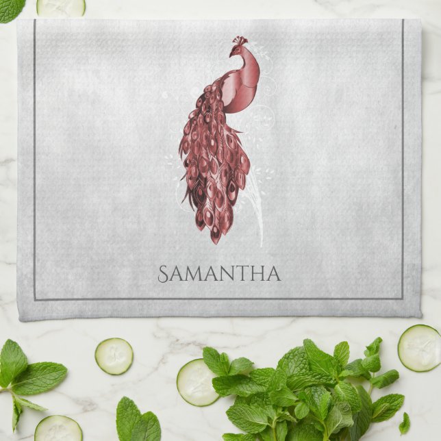 Serviette de cuisine rouge élégant Peacock (Plié)