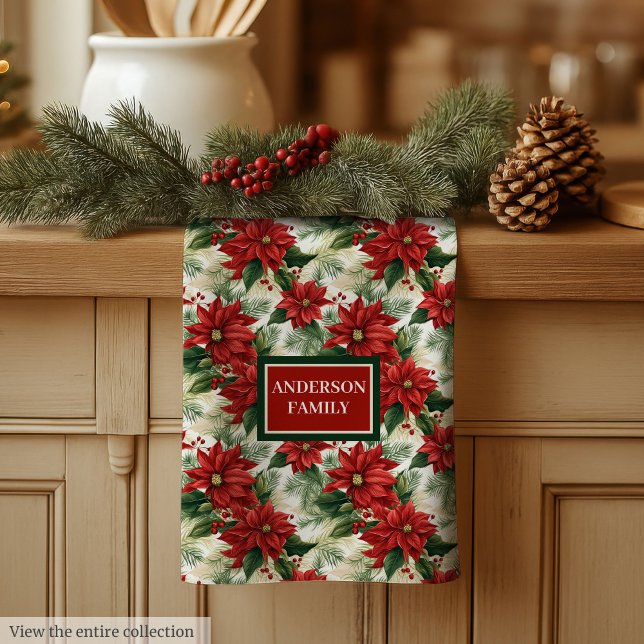 Serviette de cuisine rouge élégante avec nom perso (Elegant Red Kitchen Towel Custom Name Holiday Gift)