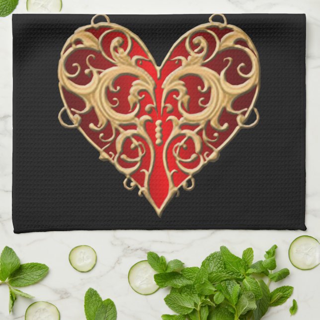 Serviette de cuisine rouge Filigree Heart (Plié)
