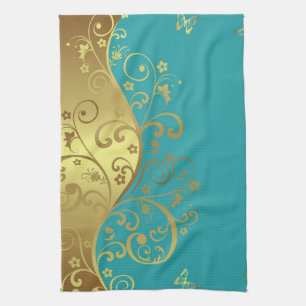 Serviette de cuisine--Teal et remous d'or