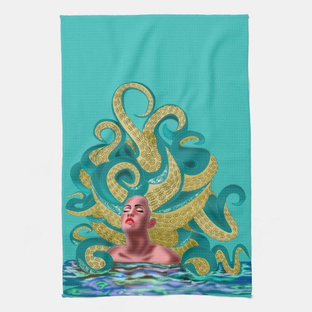 Serviette de cuisine turquoise avec Octopus Woman (Vertical)