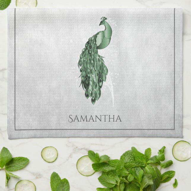 Serviette de cuisine verte Elegant Peacock (Plié)