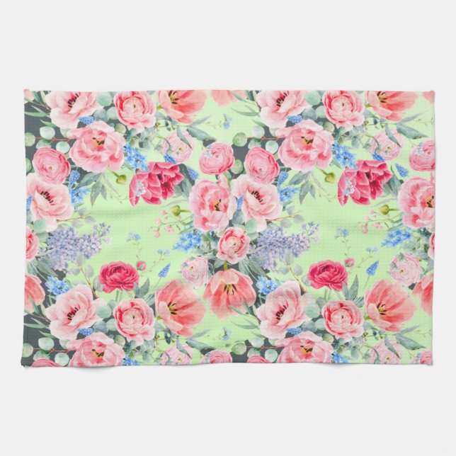Serviette de cuisine verte rose floral (Horizontal)