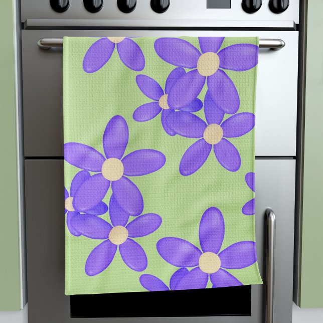 Serviette de cuisine violet Fleurs rétro Vert marg (Groovy purple and green floral kitchen towel for your groovy kitchen)