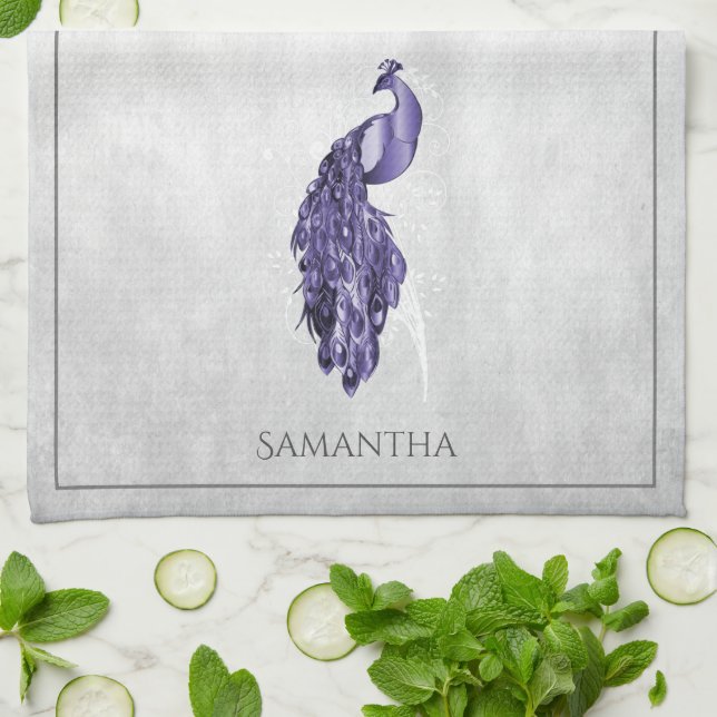 Serviette de cuisine violette élégante Peacock (Plié)