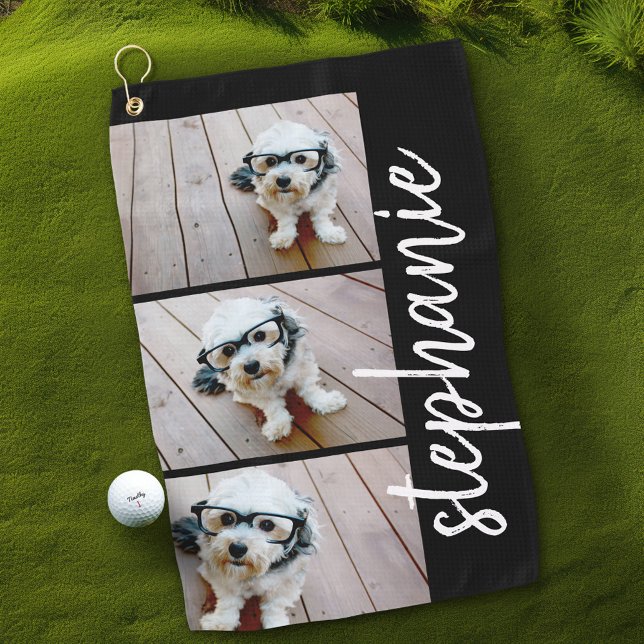 Serviette De Golf 3 photos tendance noir - blanc nom de script moder (Personalized Golf Towel with Photos and Text)