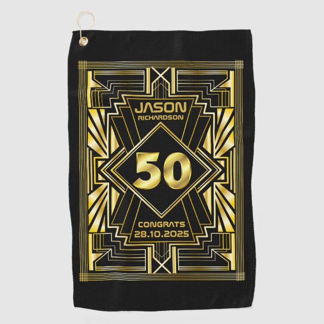 Serviette De Golf 50e anniversaire Art Déco Gold Black Great Gatsby (Devant)