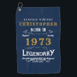 Serviette De Golf 50th Birthday 1973 Ajouter Nom Legendary Blue<br><div class="desc">Design vintage chaque année "Original Quality Legendary Inspiration" serviette de golf. Ajoutez le nom et l'année souhaités dans les champs modèles en créant un 50ème anniversaire unique ou tout objet de célébration d'anniversaire. Faites équipe avec les cadeaux,  accessoires de fête et vêtements correspondants disponibles dans notre magasin www.zazzle.com/store/thecelebrationstore</div>