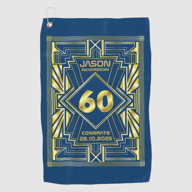 Serviette De Golf 60e anniversaire Art Déco Gold Blue Great Gatsby (Devant)