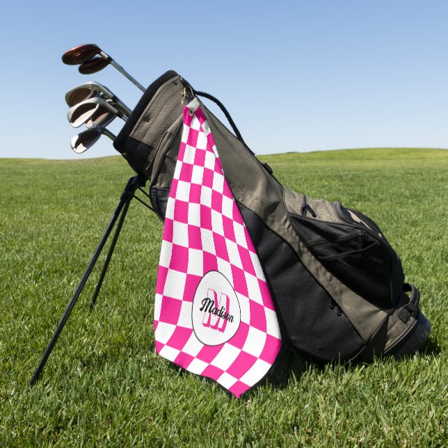 Serviette De Golf à damiers rose chaud blanc rétro Monogram (Vert)