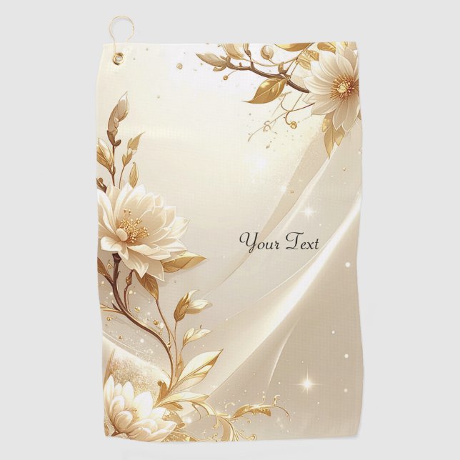 Serviette de golf à fleurs blanches et dorées (Devant)