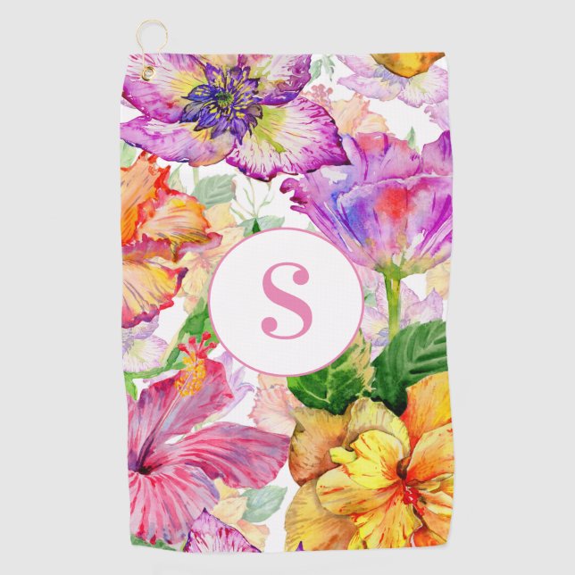 Serviette de golf à monogramme floral rose violet  (Devant)