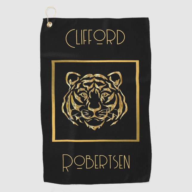 Serviette de golf à visage de tigre noir et or vir (Devant)