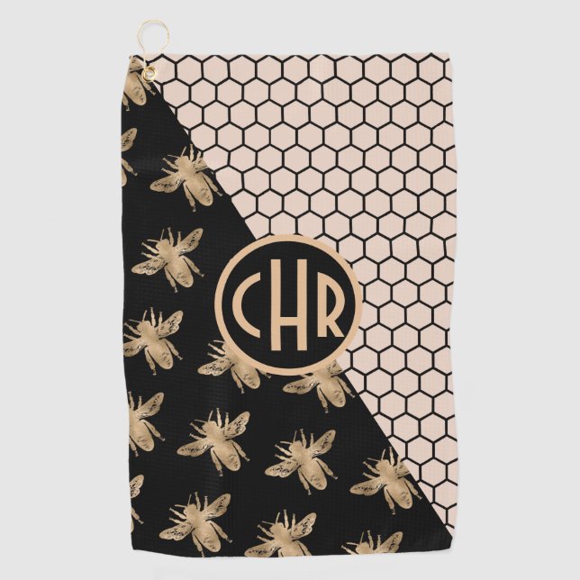 Serviette De Golf Abeilles noires et d'or et monogramme d'abeille ro (Devant)