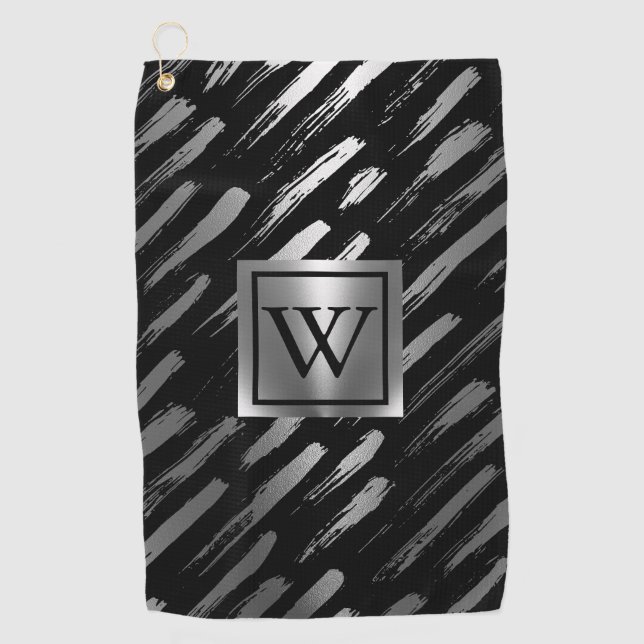 Serviette De Golf Abstrait métallique noir et argent (Devant)