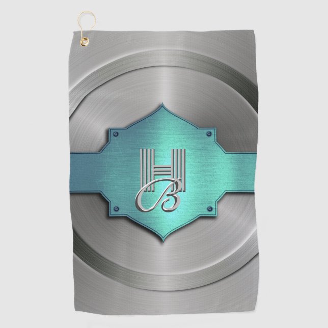 Serviette De Golf Acier Bleu Vert Métallisé trompe l’œil Monogramme  (Devant)