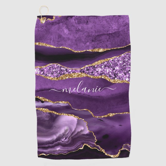 Serviette De Golf Agate Purple Gold Parties scintillant Nom personna (Devant)