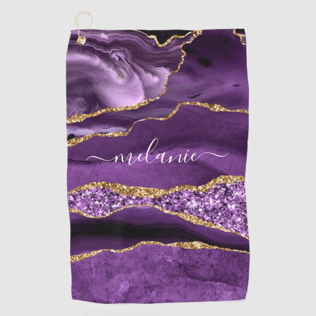 Serviette De Golf Agate Purple Gold Parties scintillant Nom personna (Devant)