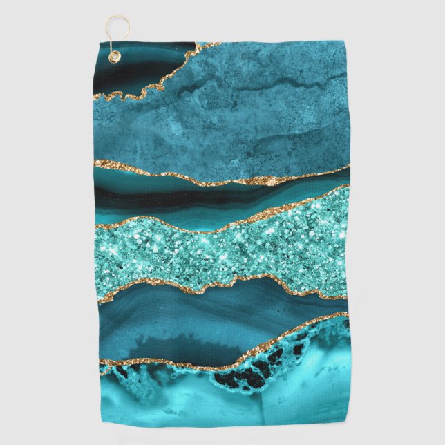 Serviette De Golf Agate Turquoise Blue Gold Parties scintillant Marb (Devant)